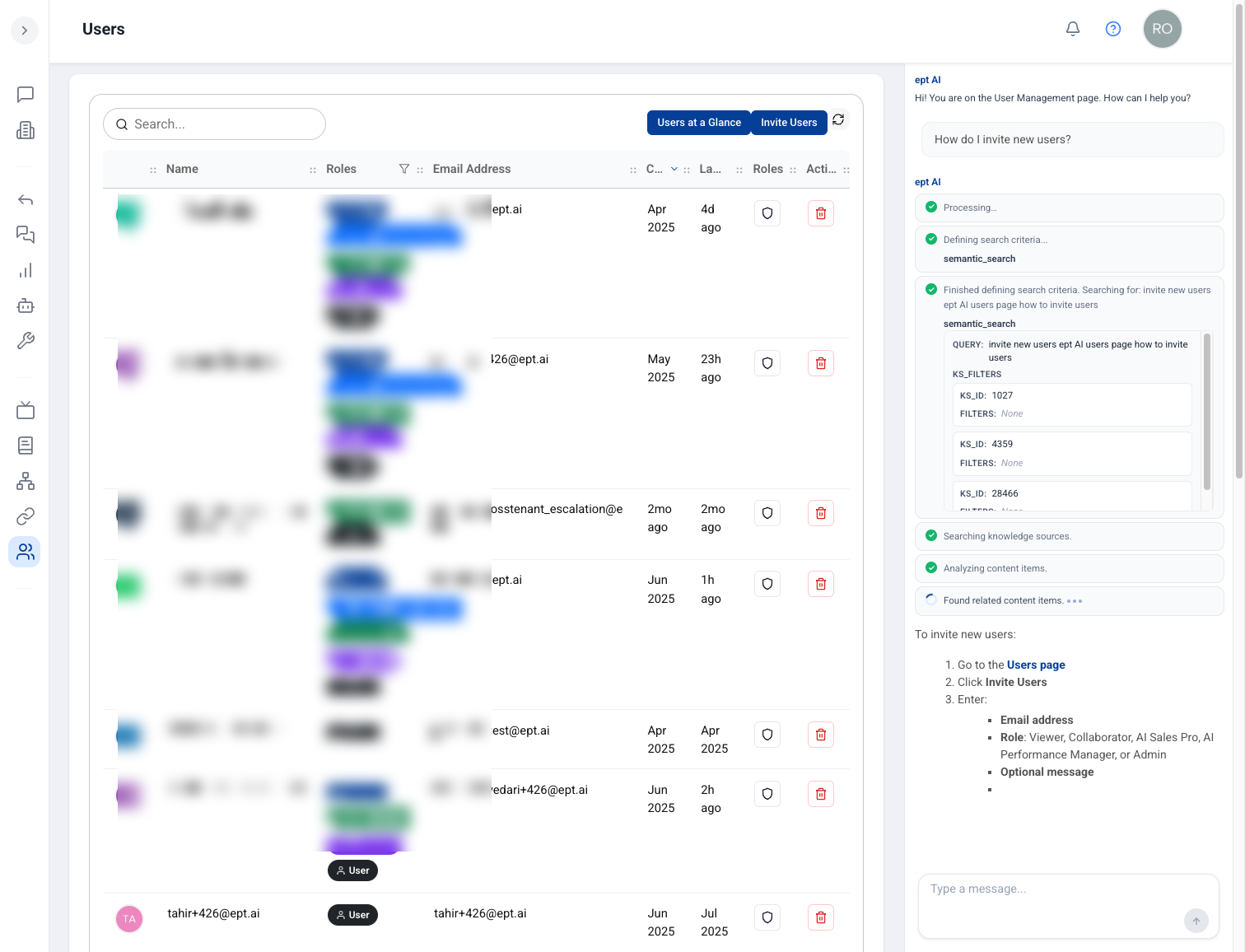 In-context help assistant answering onboarding questions on the Users page