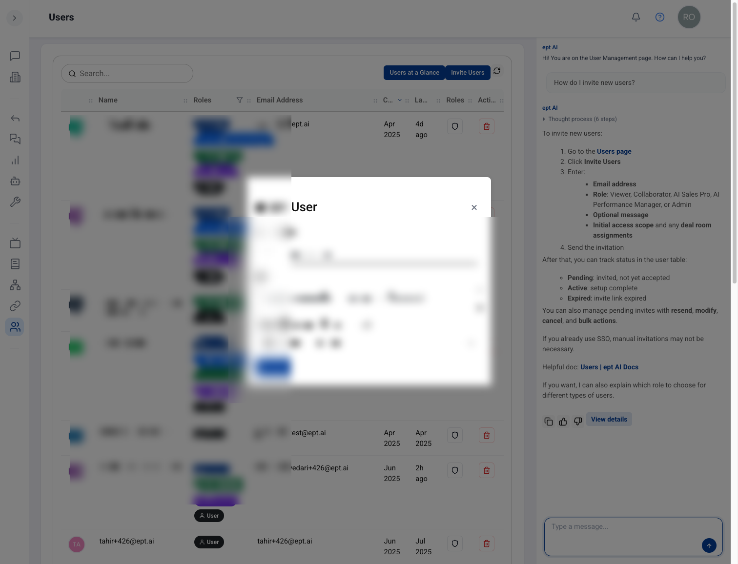 Invite User modal showing role selection and onboarding steps