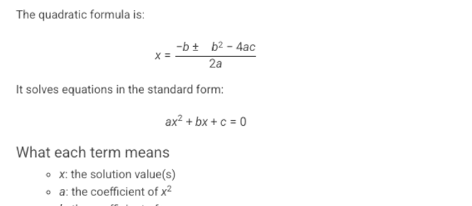 Quadratic formula rendered with proper math notation in an AI Chat reply